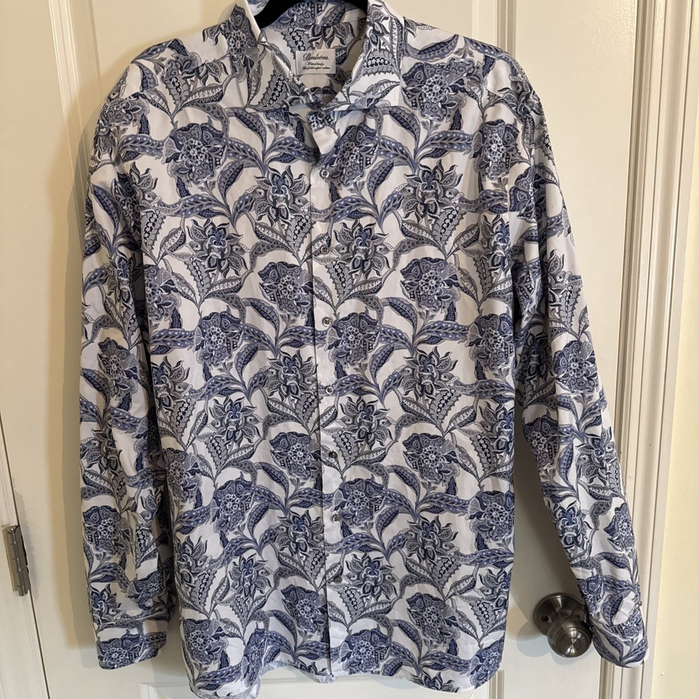 Stenströms Blue Floral LS Shirt Size 18 Fitted Body Twofold‎ Super Cotton